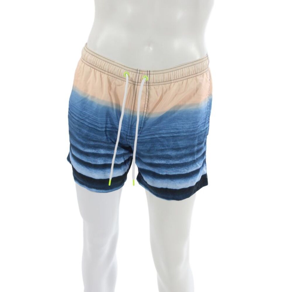 Sundek Mens Drawstring Striped Beach Printed Swim Trunks Blue Beige Size Medium